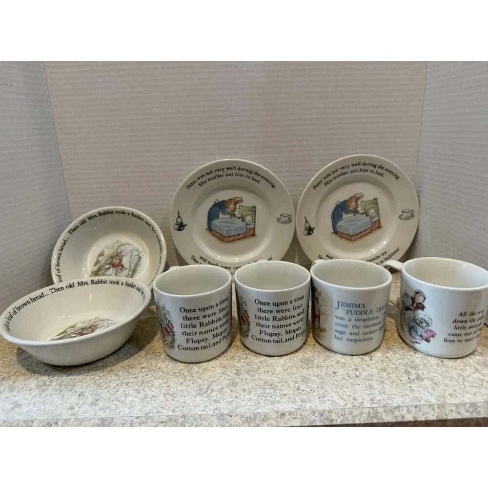 Vintage Wedgwood Peter Rabbit Nursery Set 8pc Mugs Plates Bowls England